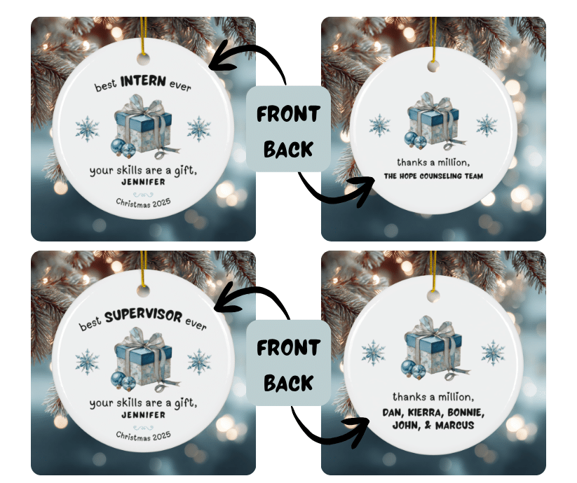 best therapist gifts best intern ever keepsake appreciation christmas gift ceramic ornament with watercolor imagery front and back views best supervisor ever