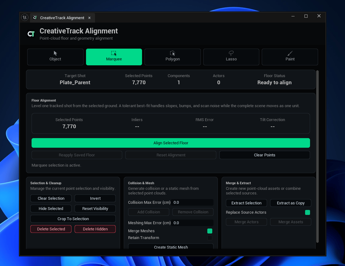 The CreativeTrack Alignment tools and selected ground points.