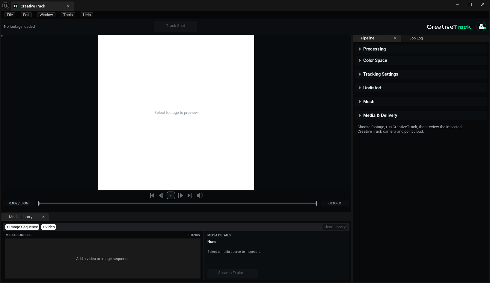 The CreativeTrack workspace before footage is added.