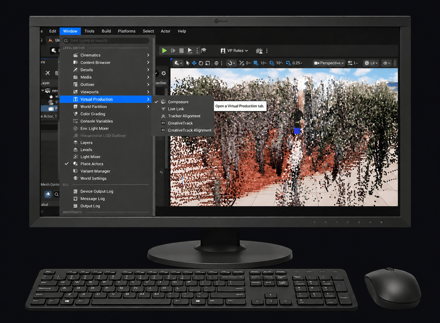 CreativeTrack in Unreal Engine displayed on a black desktop monitor with a matching keyboard and mouse.