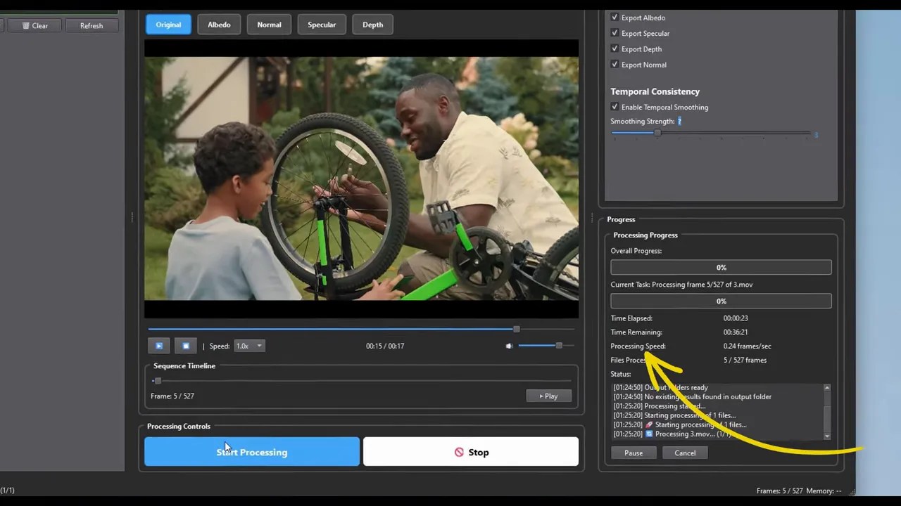 VFX Passes right panel showing export components and temporal smoothing options