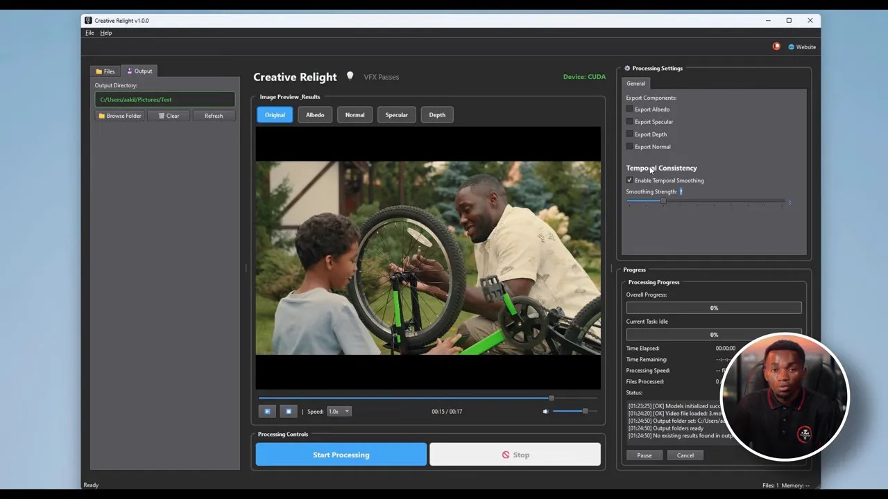 VFX Passes preview showing a generated colorful normal map pass for a clip with two people and a bicycle