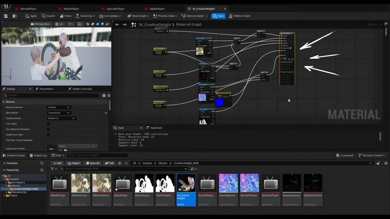 Unreal Engine material editor showing a node graph connected to a material output