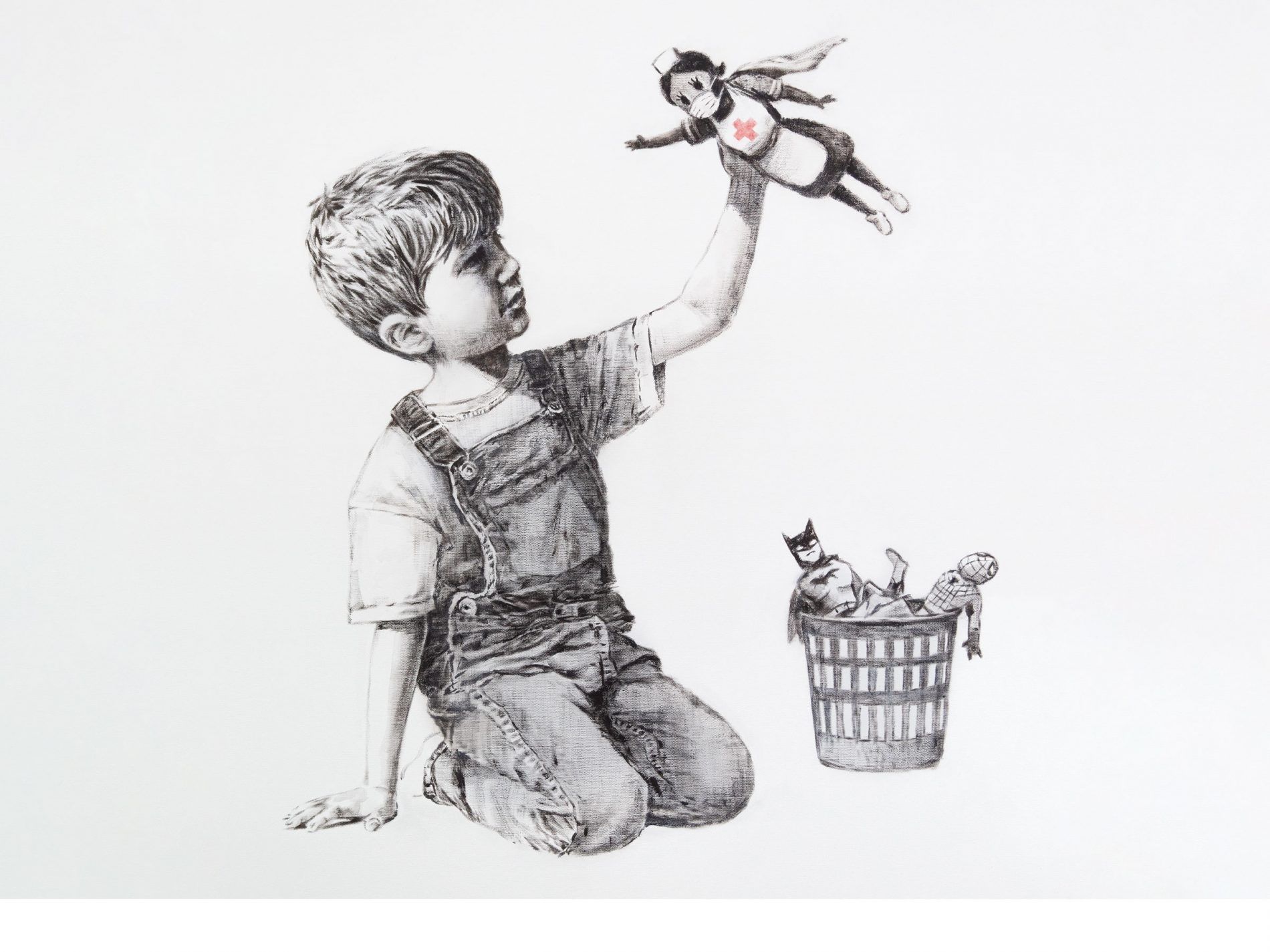 cuadro banksy el niño que juego con su nueva superheroína