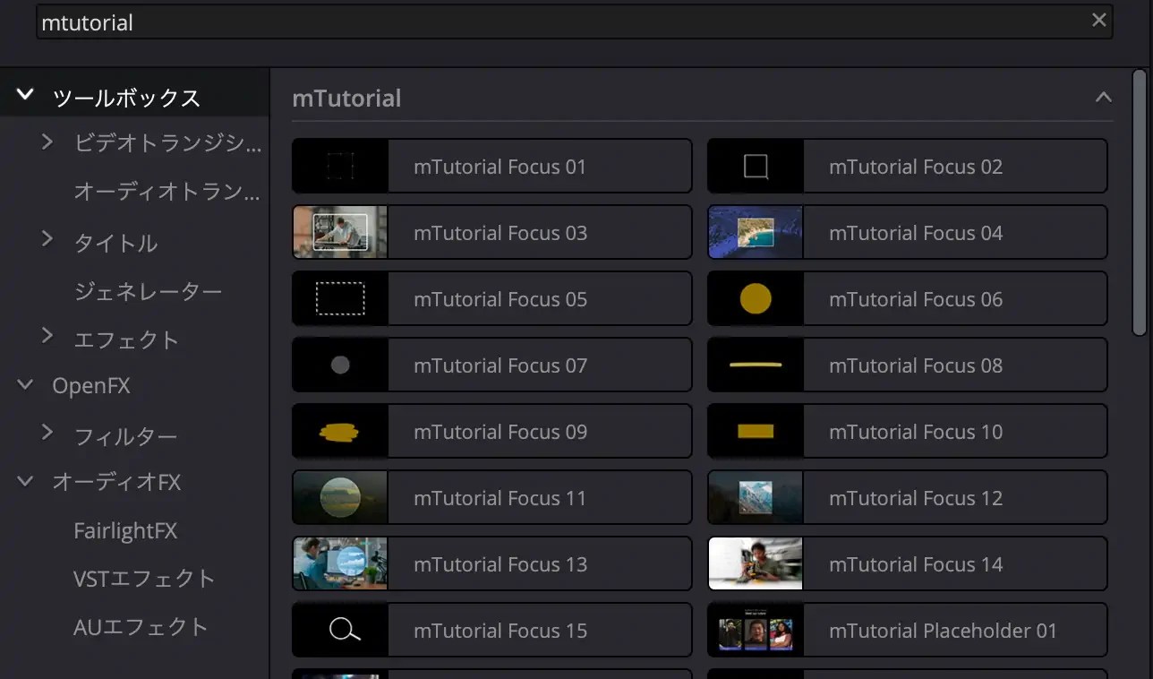 DaVinci Resolve内のmTutorial。