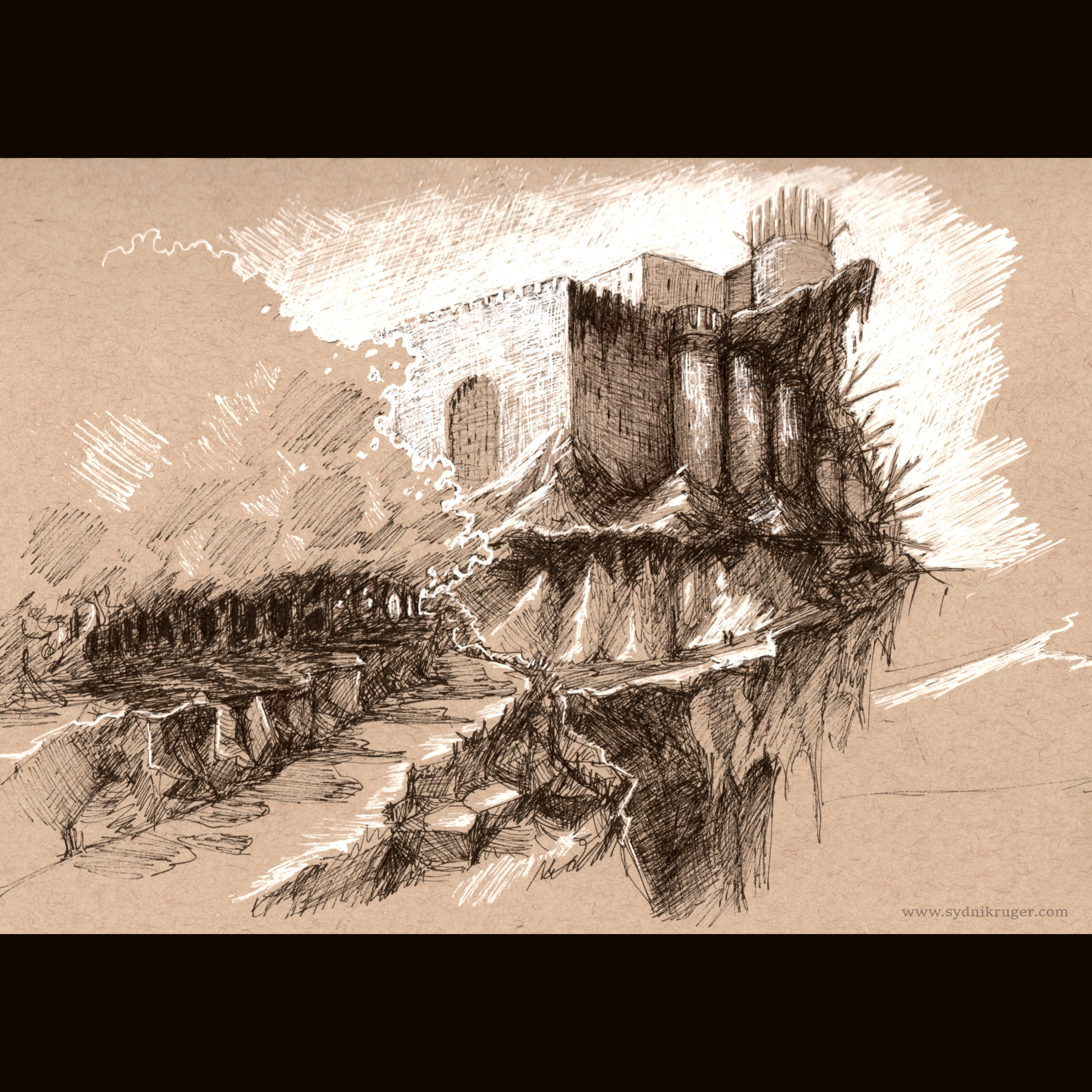 Doubting Castle - ink on toned paper - #inktober2014 drawing