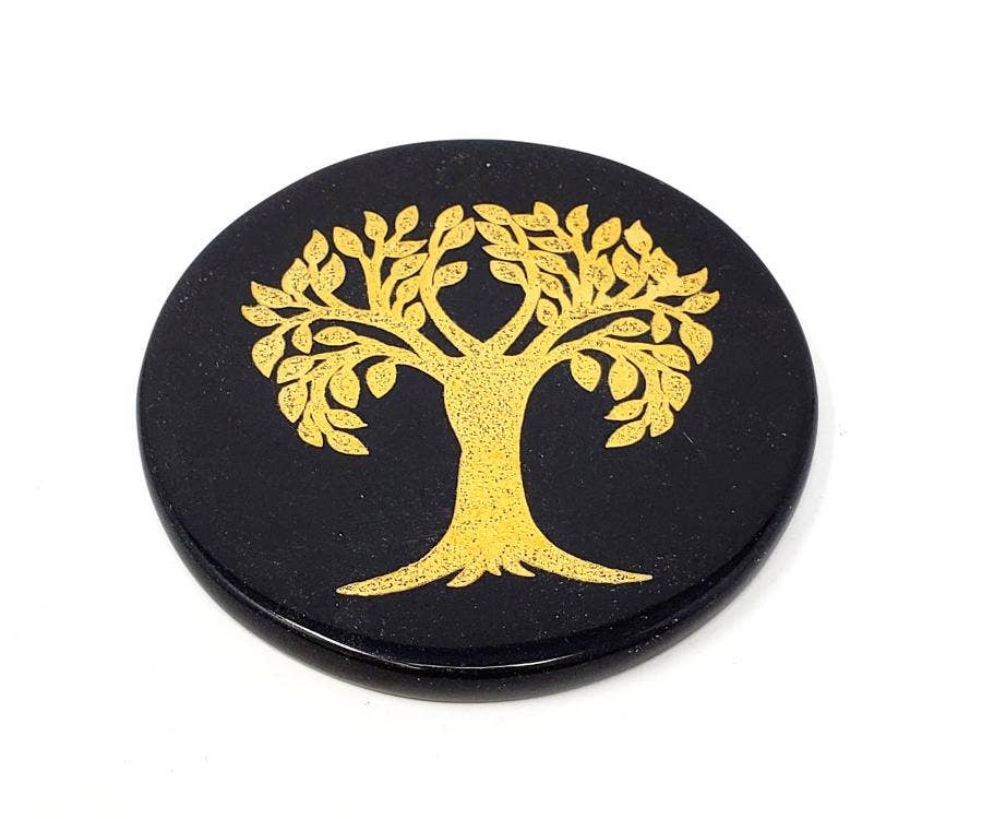 Black Agate Coaster and Altar Tile - Tree of Life 3"