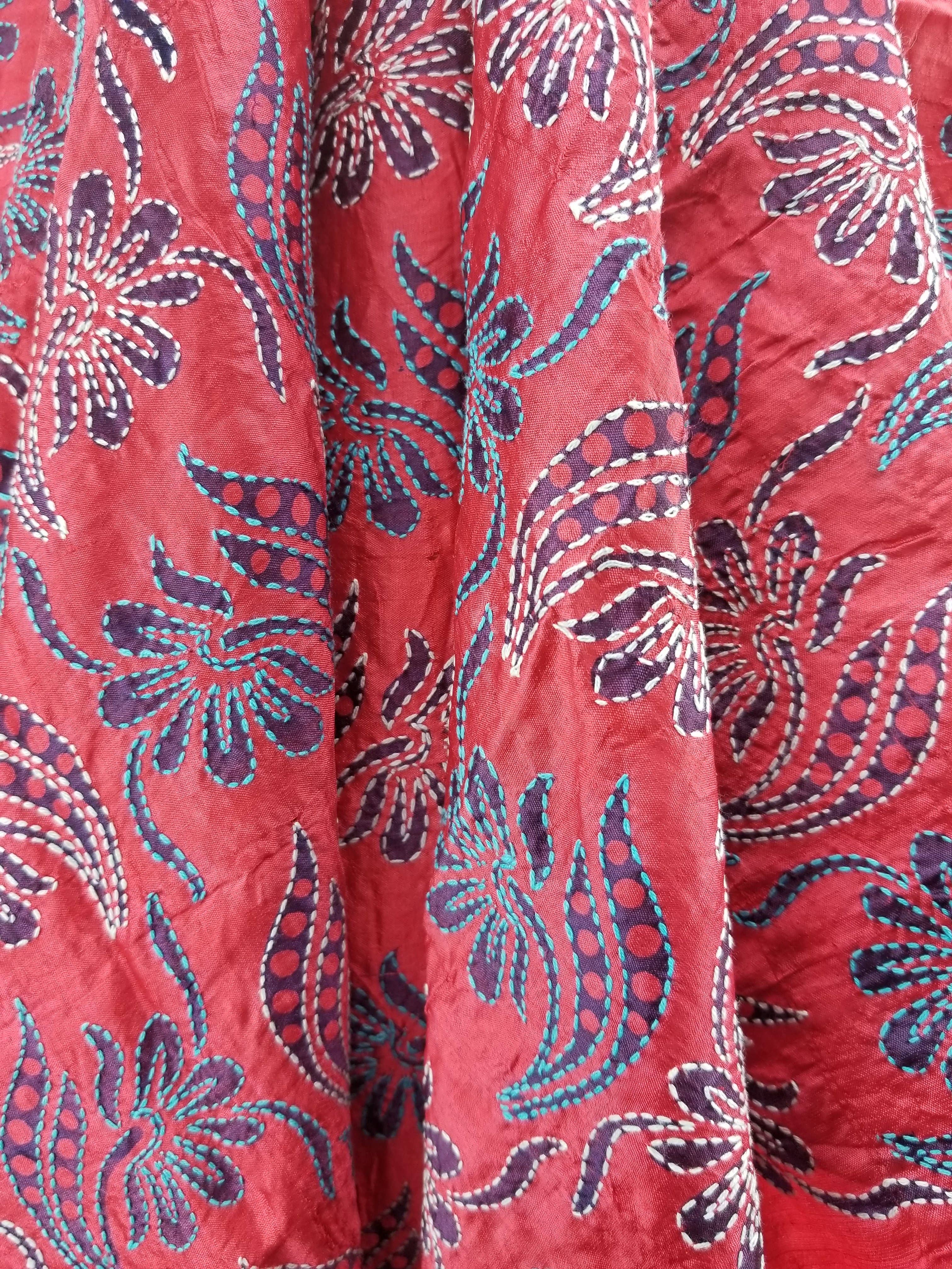 Hand embroidered Kantha Silk  Red Fabric - 3yds - RED
