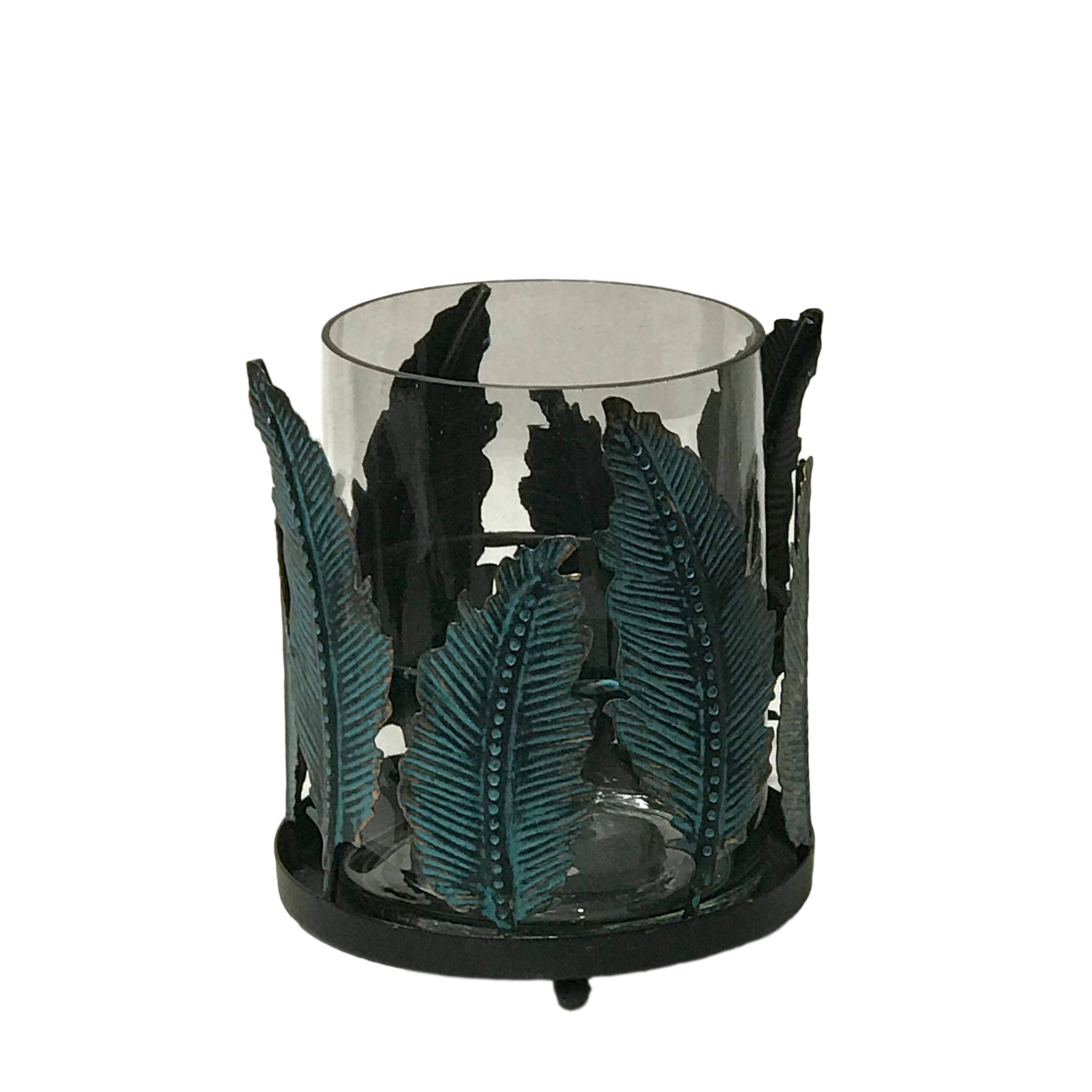 Cast Iron Feather Candleholder with Glass Insert