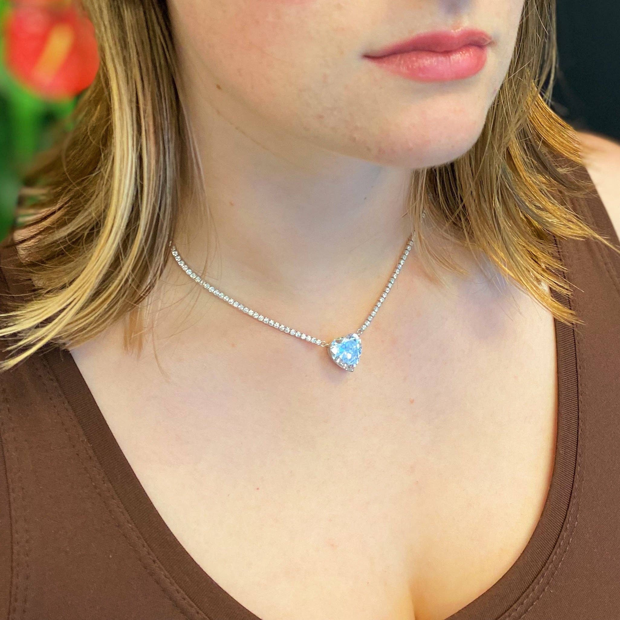 Firing Heart Sterling Silver Tennis Necklace, Clear
