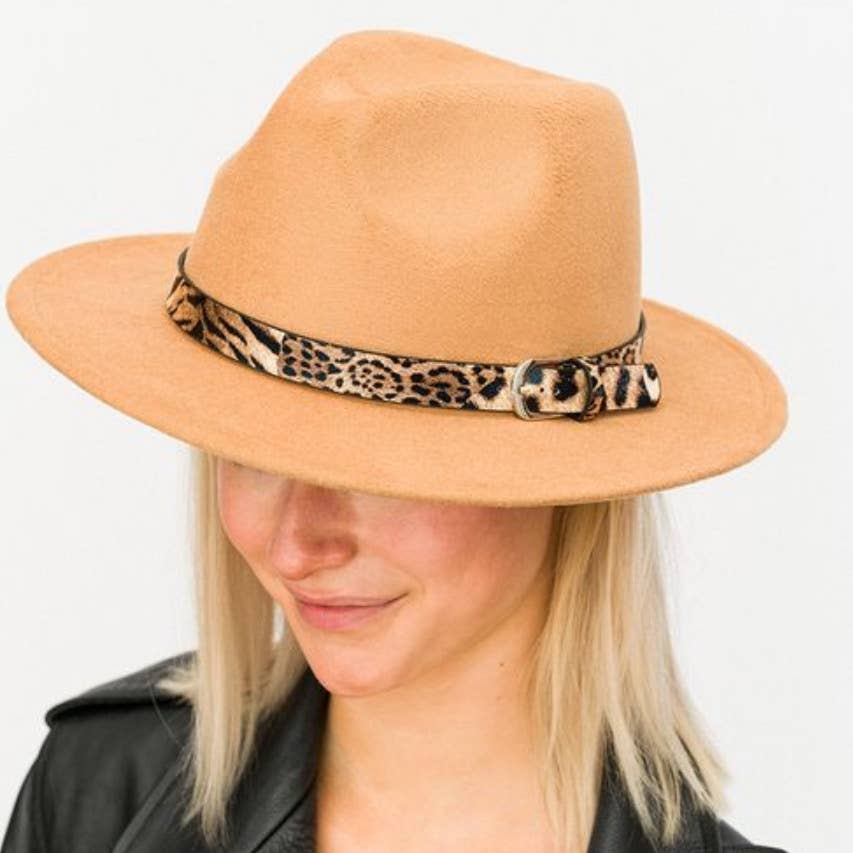 Leopard Band Fedora Hat, Camel
