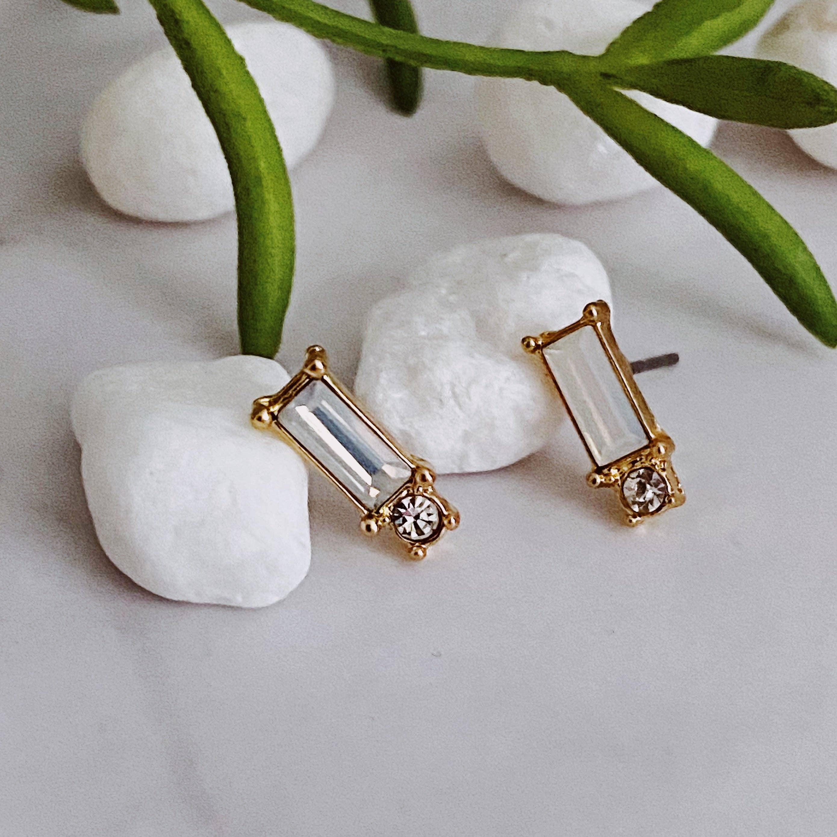 Baguette Cut Stone Stud Earrings, White Opal