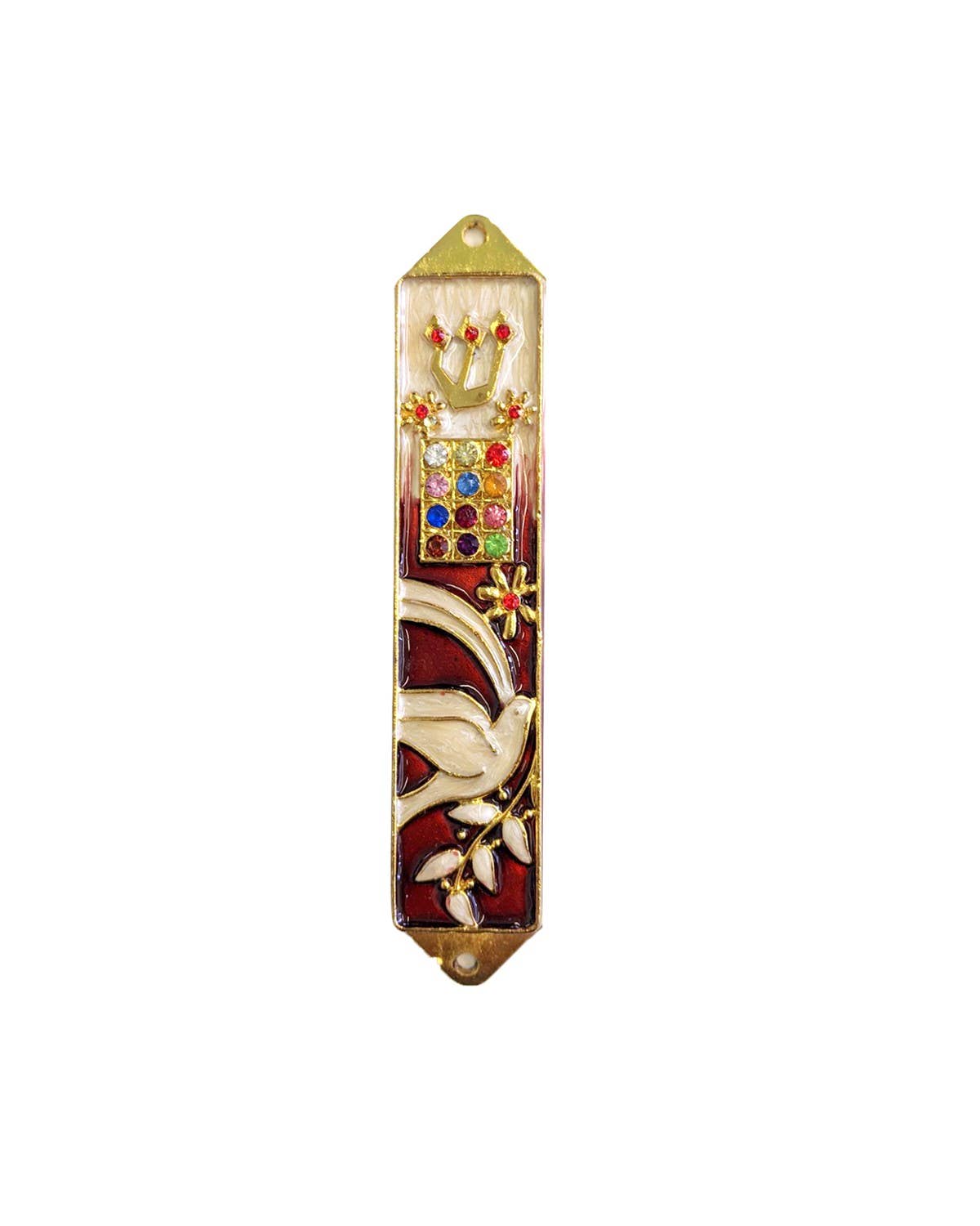 Red Mezuzah Bird and Olive Design with Genuine Crystals
