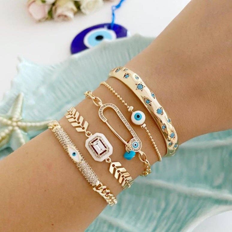 White Evil Eye Bracelet, Gold Evil Eye Jewelry Set, Greek Evil Eye