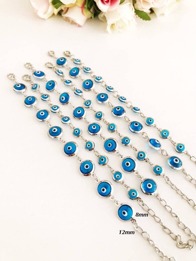 Silver Link Chain Bracelet, Clear Turquoise Bead Bracelet, Greek Evil Eye