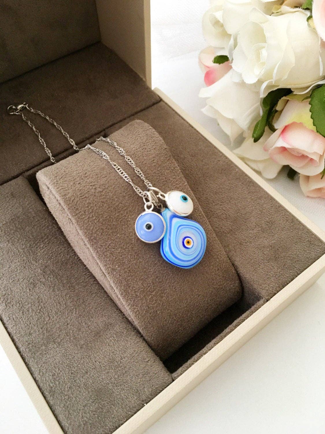 Murano Glass Evil Eye Necklace,Evil Eye Charm Necklace, Lamp Work Evil Eye Necklace