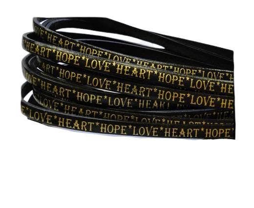 REAL FLAT LEATHER-5MM-HOPE LOVE HEART STYLE-BLACK-GOLD-