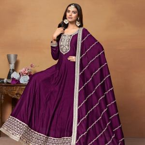 Purple Art Silk Embroidered Flared Anarkali Gown With Bottom Dupatta