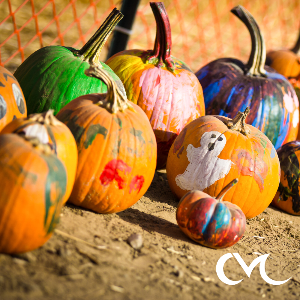 Painted pumpkins on farm