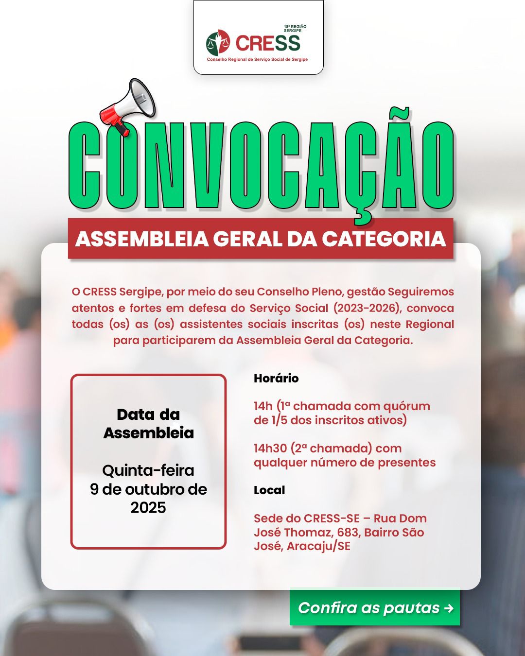 CONVOCAÇÃO: CRESS realizará Assembleia Geral dia 9 de outubro
