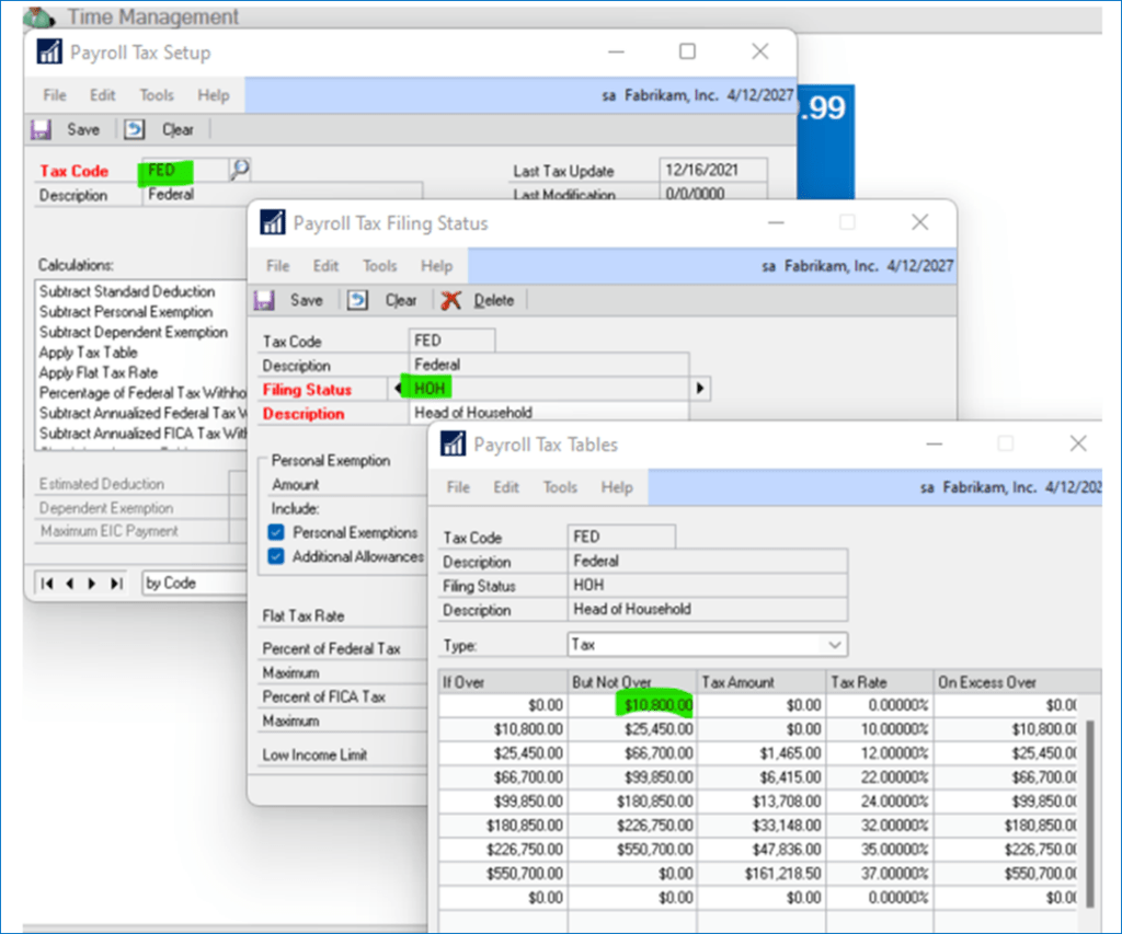 Dynamics GP 2022 US Federal Tax Tables