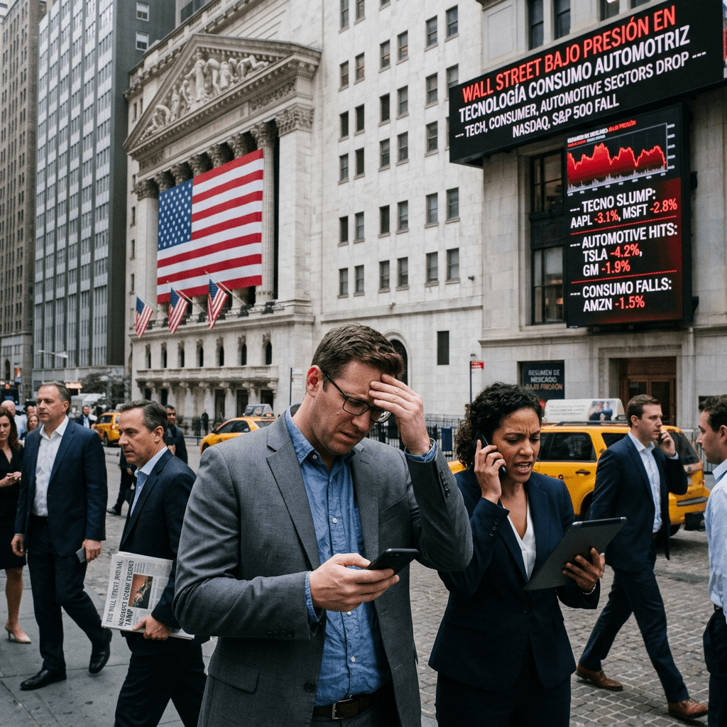 Professionals looking worried outside New York Stock Exchange with stock decline headlines