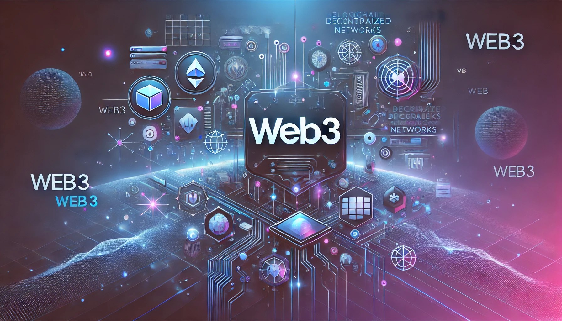 Imagen futurista y limpia representando Web3 con un diseño tecnológico, elementos de blockchain, redes descentralizadas y conexiones digitales en un paisaje abstracto con colores azul, púrpura y neón.