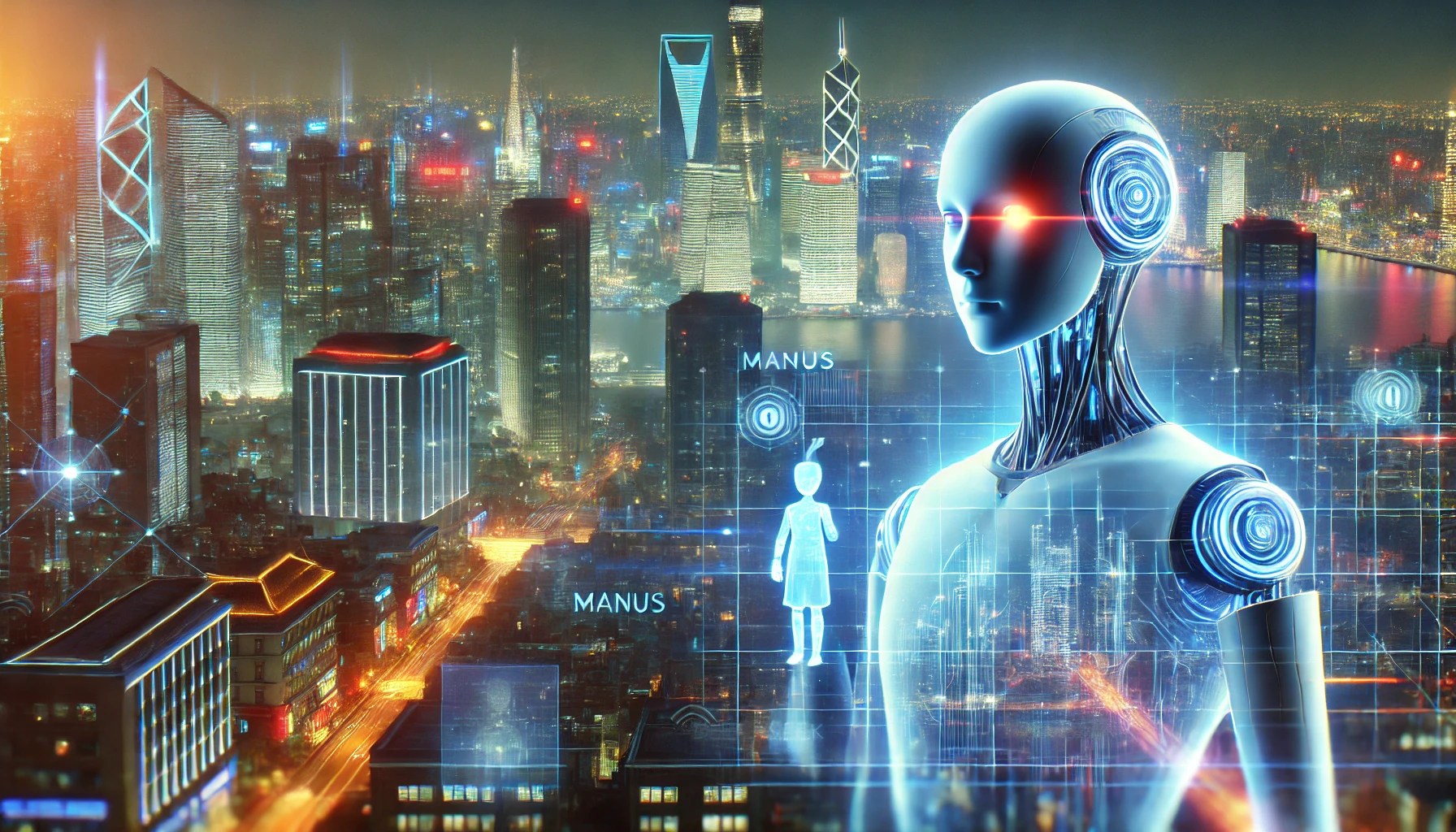 Ilustración futurista de Manus, un agente de inteligencia artificial de origen chino, representado con una interfaz holográfica y un diseño avanzado, compitiendo con DeepSeek en el ámbito tecnológico.