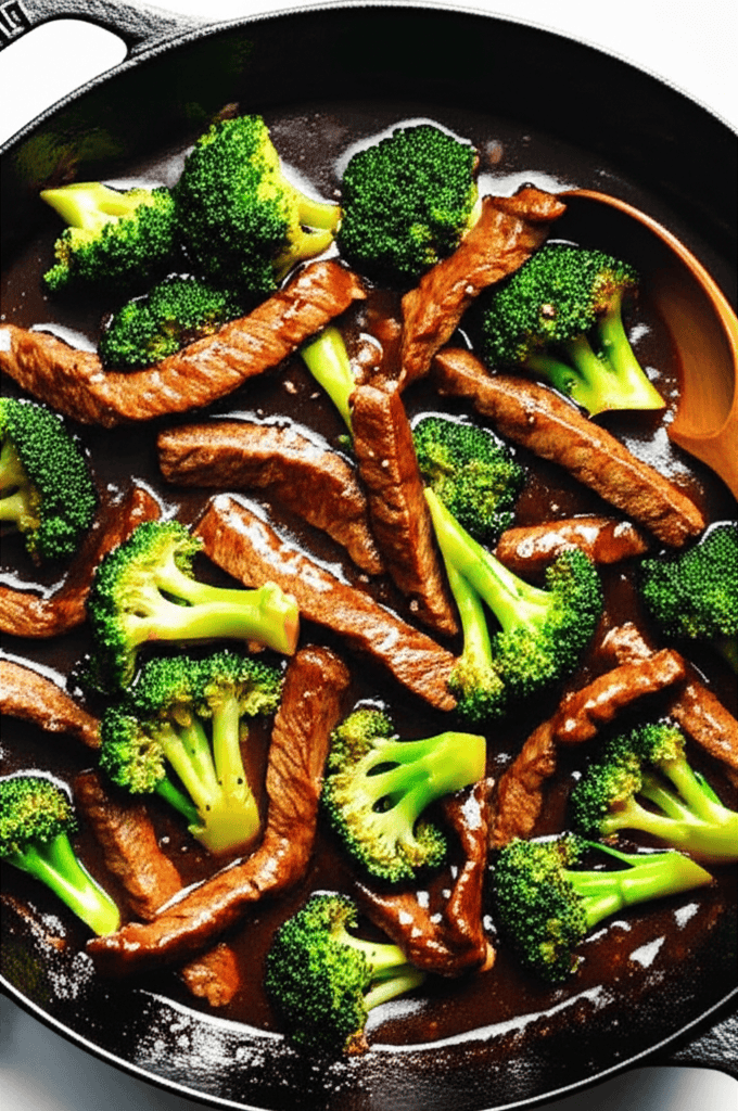 Beef and broccoli prepared at home in a skillet