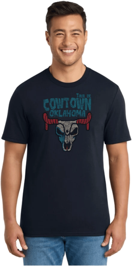 Tour de Cowtown Oklahoma navy t shirt with skull and bike bars design