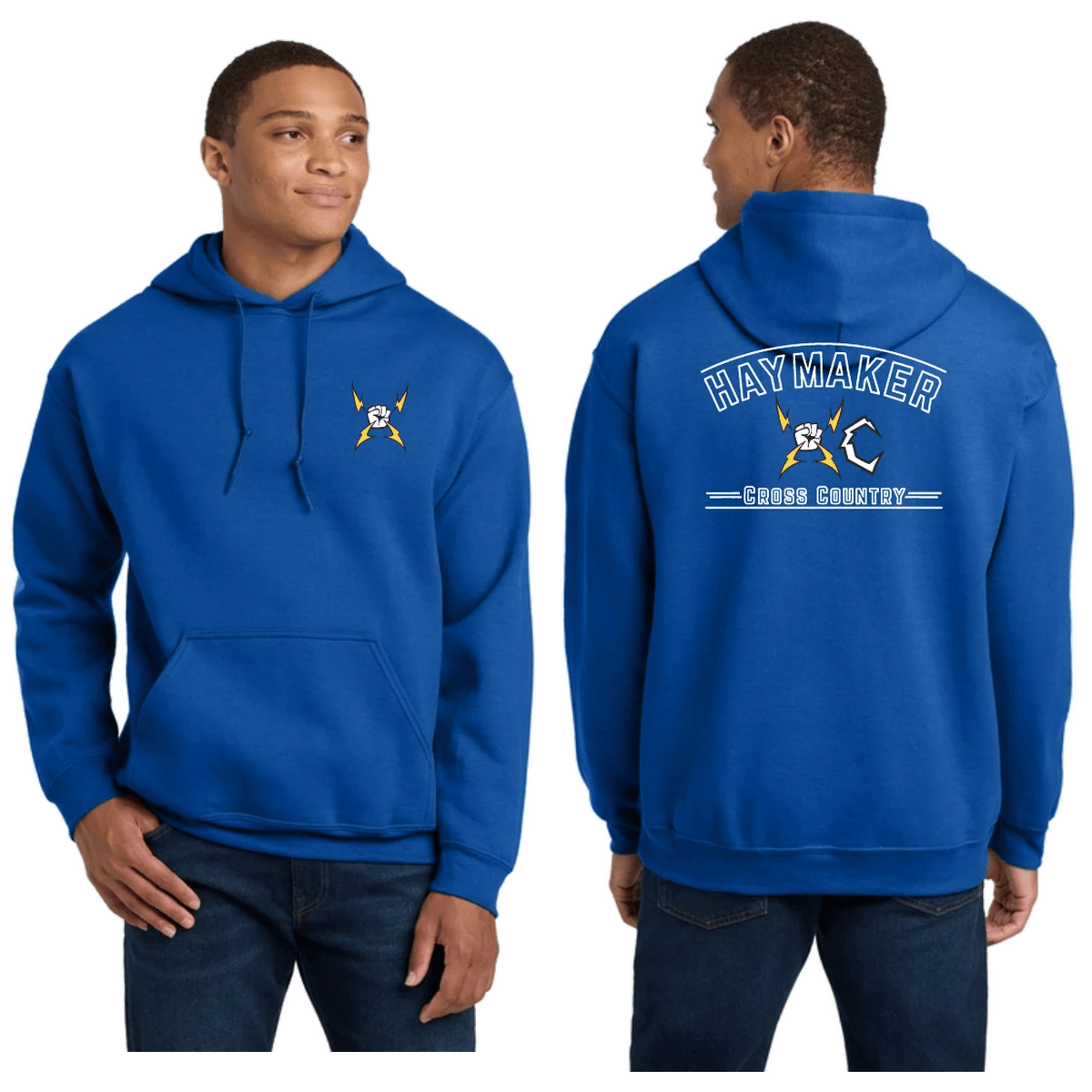 Royal Haymaker Cross Country hoodie, front and back
