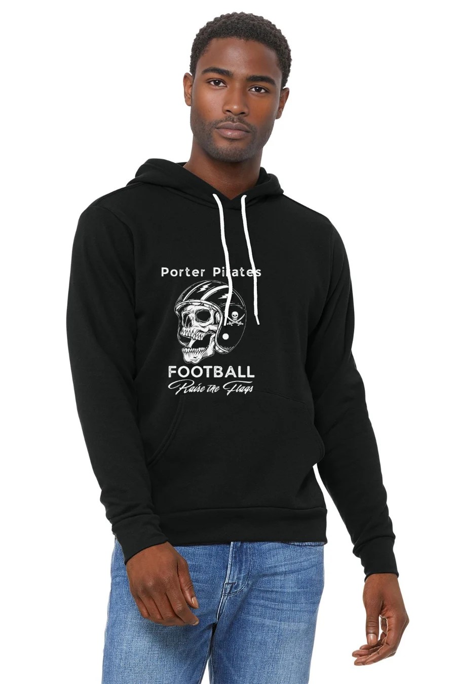 Porter Pirates Football skull design on black bella canvas sponge fleece hoodie