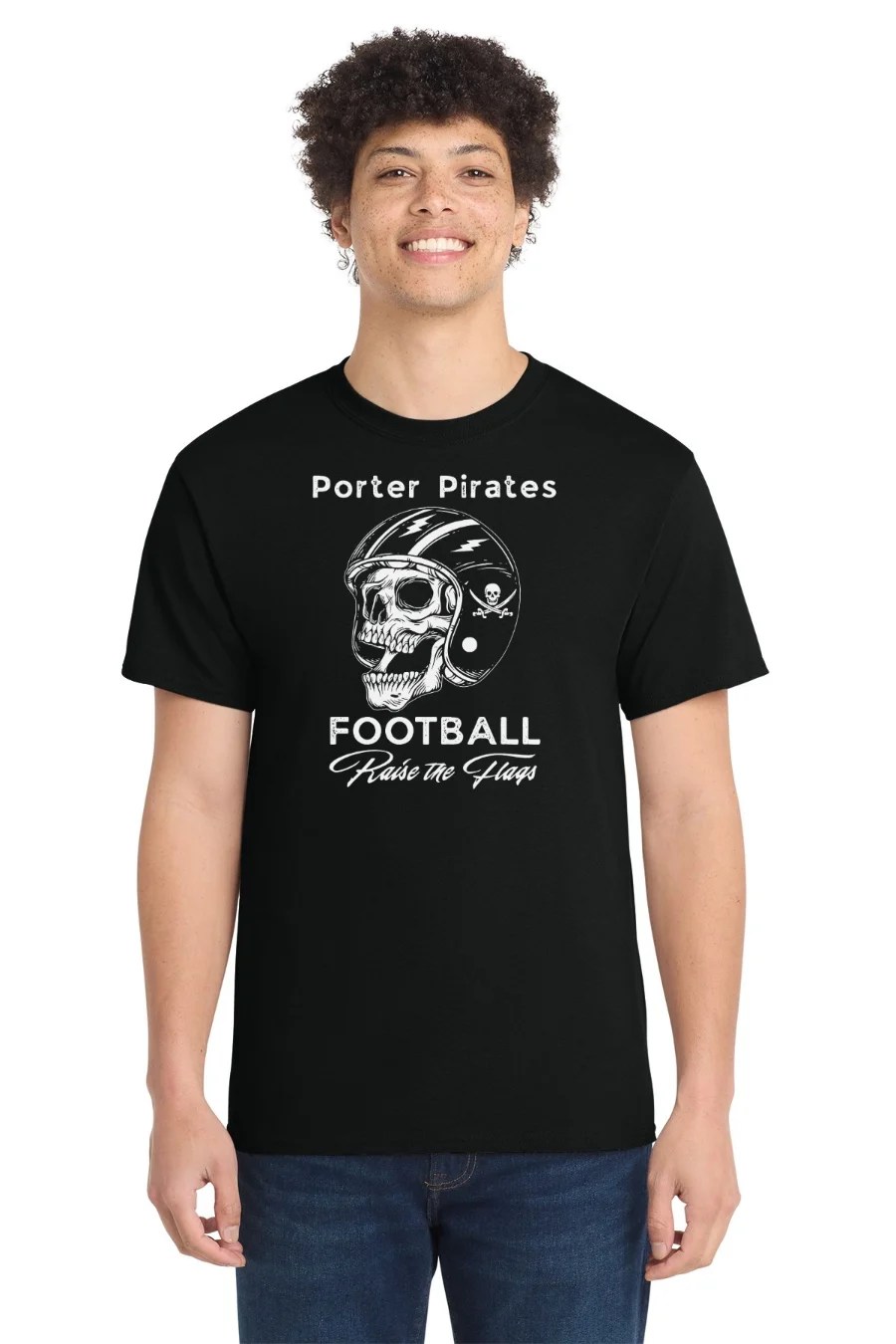 Porter Pirates Football skull design on black core cotton tee