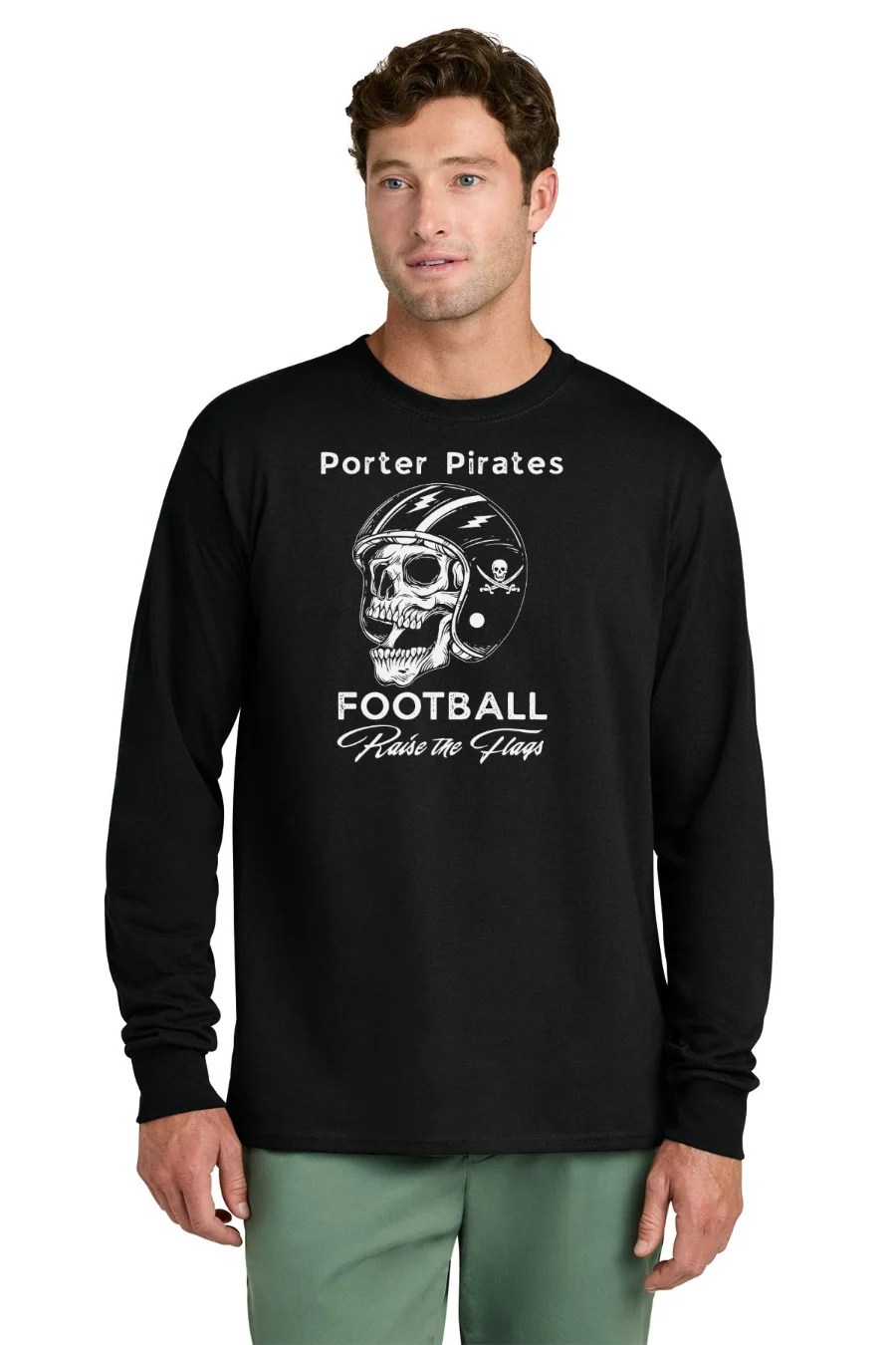 Porter Pirates Football skull design on black long sleeve core cotton tee
