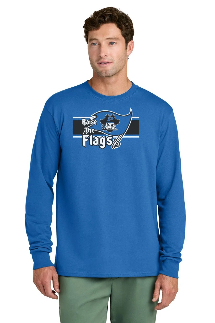 Porter Pirates Football Raise The Flags design on royal long sleeve core cotton tee