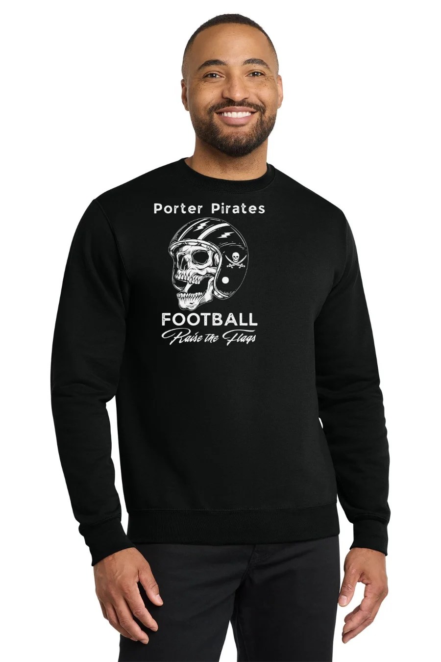 Porter Pirates Football skull design on black core fleece crewneck