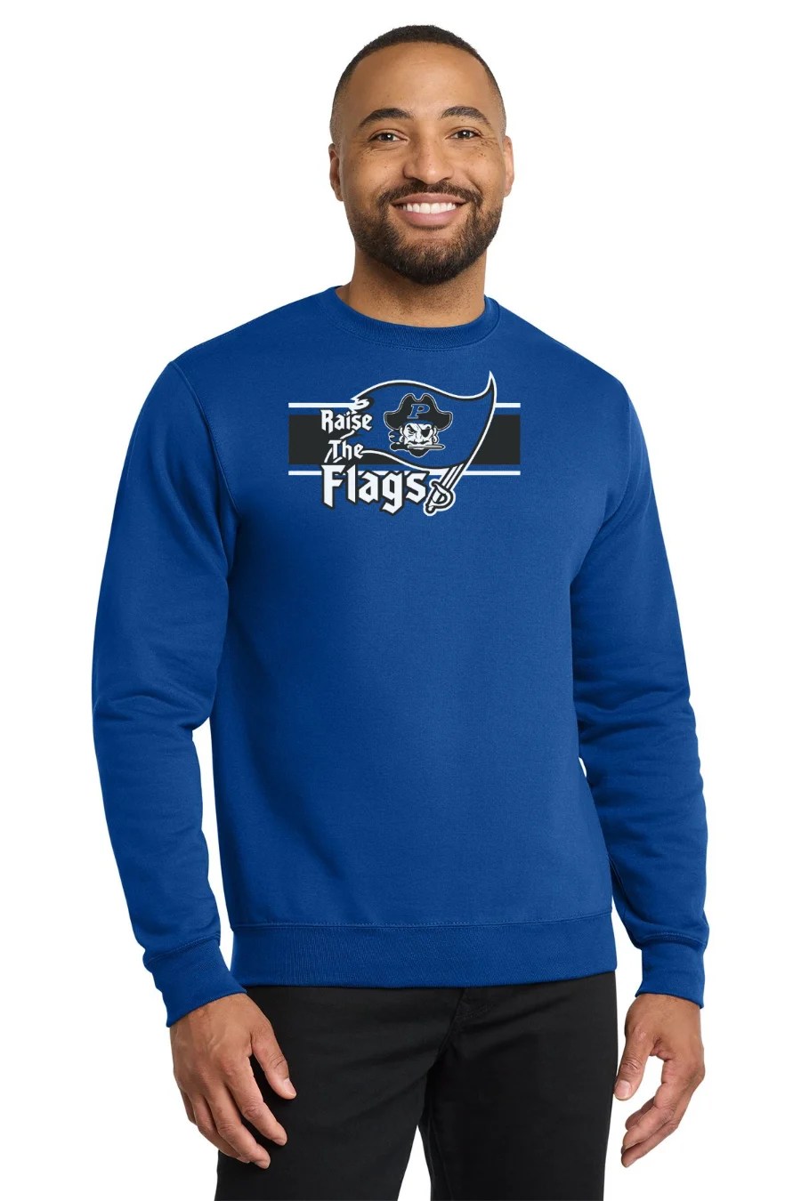 Porter Pirates Football Raise The Flags design on royal core fleece crewneck