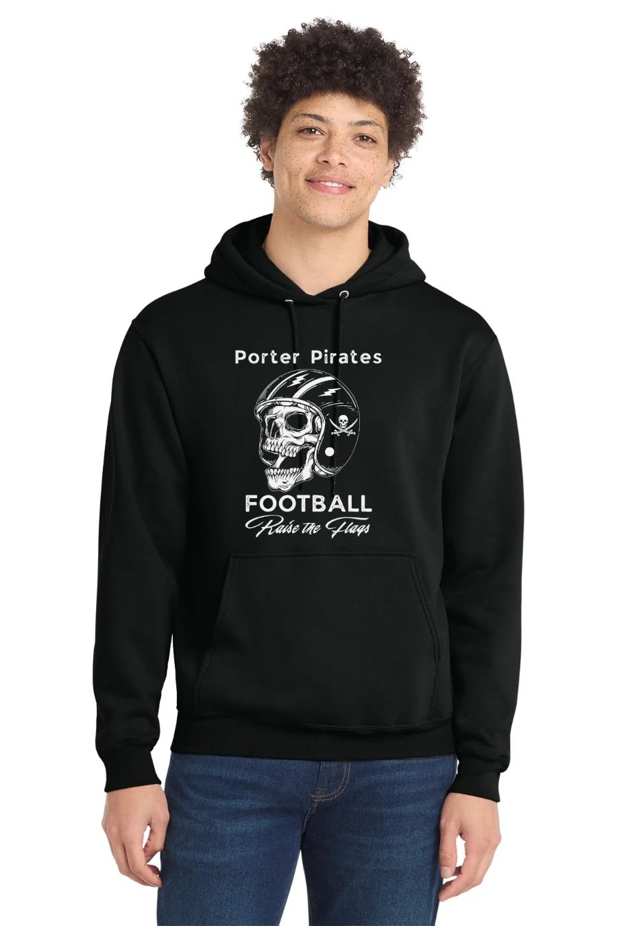 Porter Pirates Football skull design on black core fleece hoodie