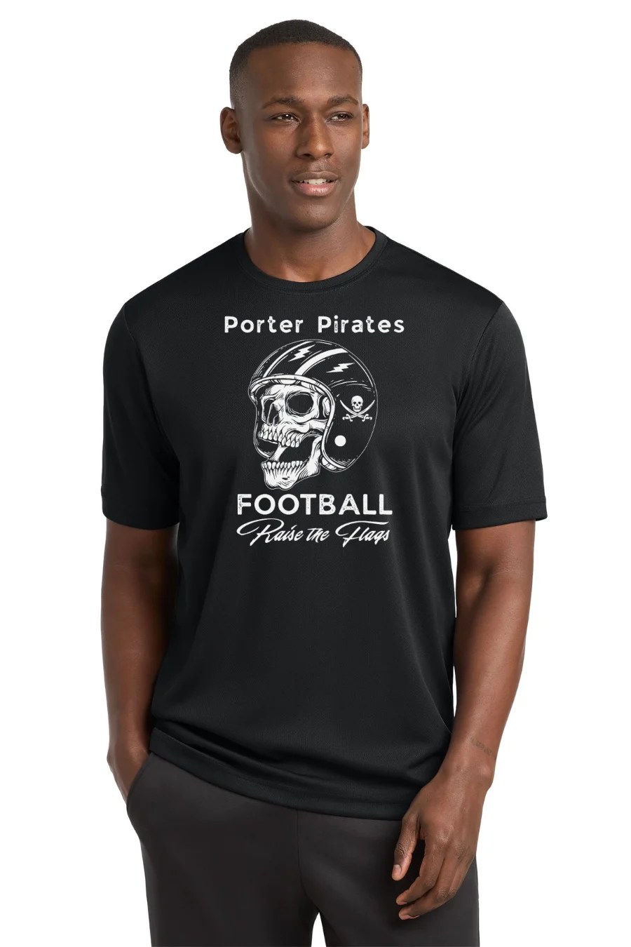 Porter Pirates Football skull design on black posicharge racermesh tee