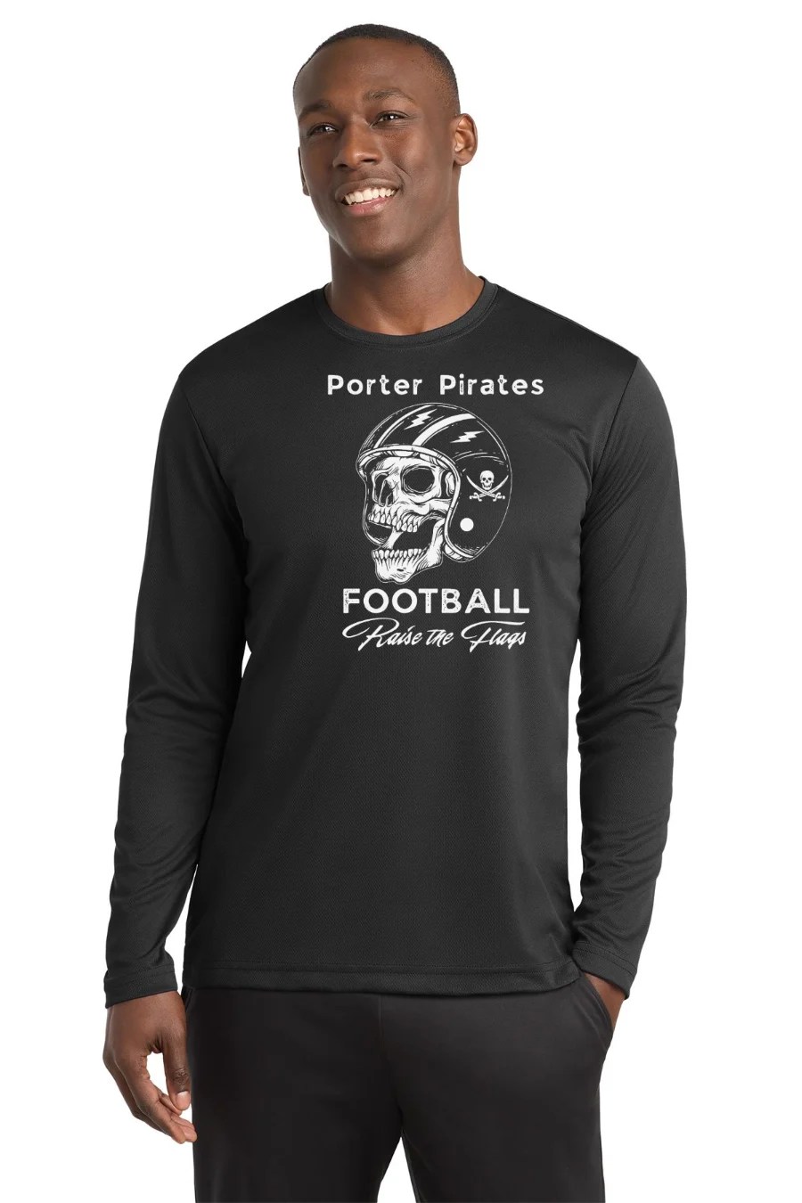 Porter Pirates Football skull design on black posicharge racermesh long sleeve tee
