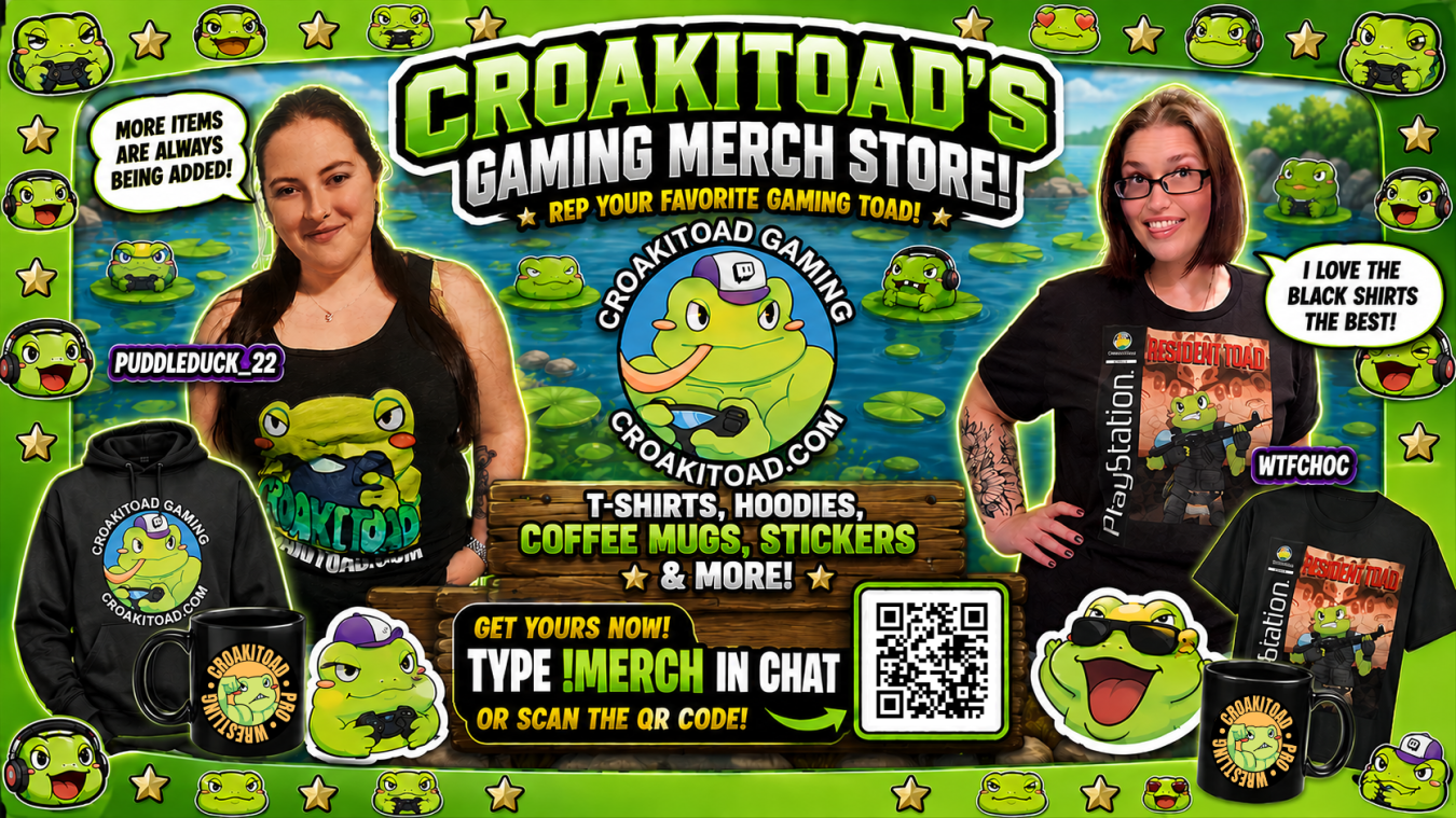 Croakitoad's Gaming Merch Store featuring official shirts, hoodies, mugs, stickers and more