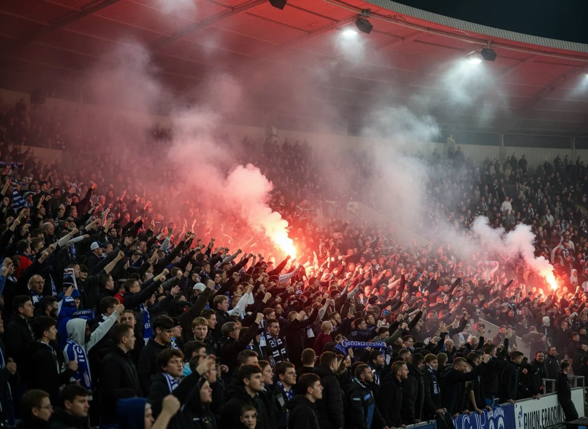 Navijači na stadionu noću uz baklje i dim, intenzivna atmosfera na tribini