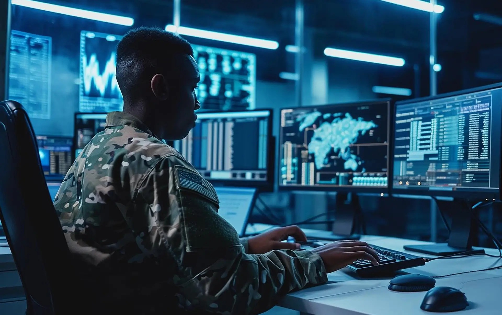 Soldier sitting in front of a computer
