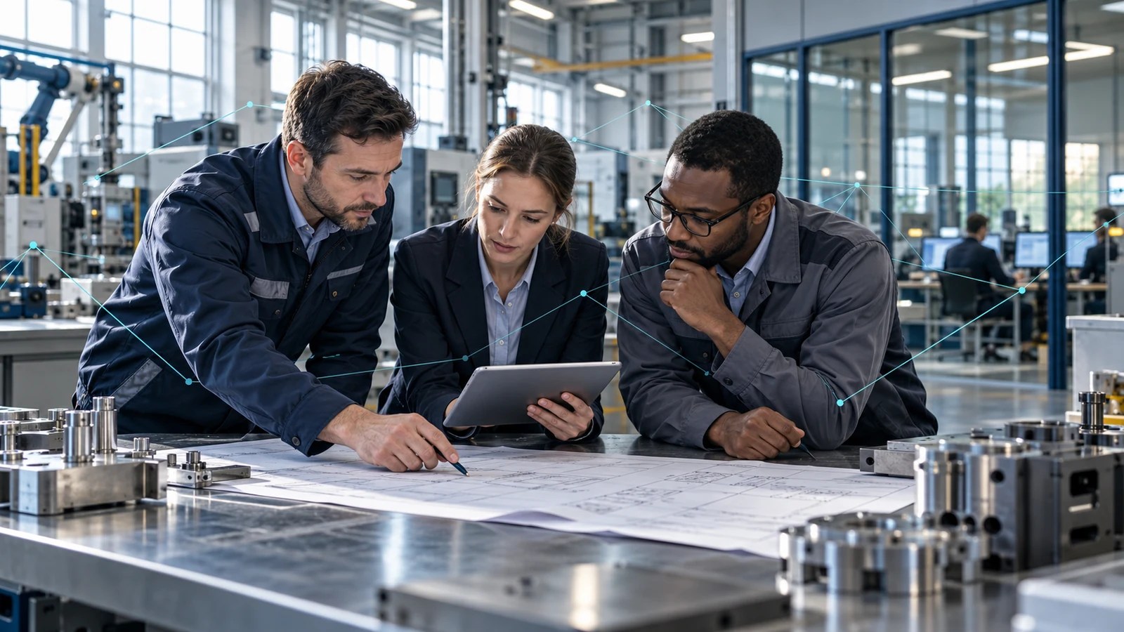 Illustrative engineering team reviewing operational plans and business information in a manufacturing facility