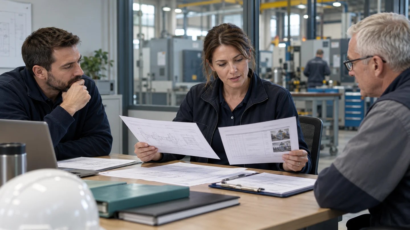 Illustrative operations team reviewing maintenance plans and inspection handover records beside a workshop.