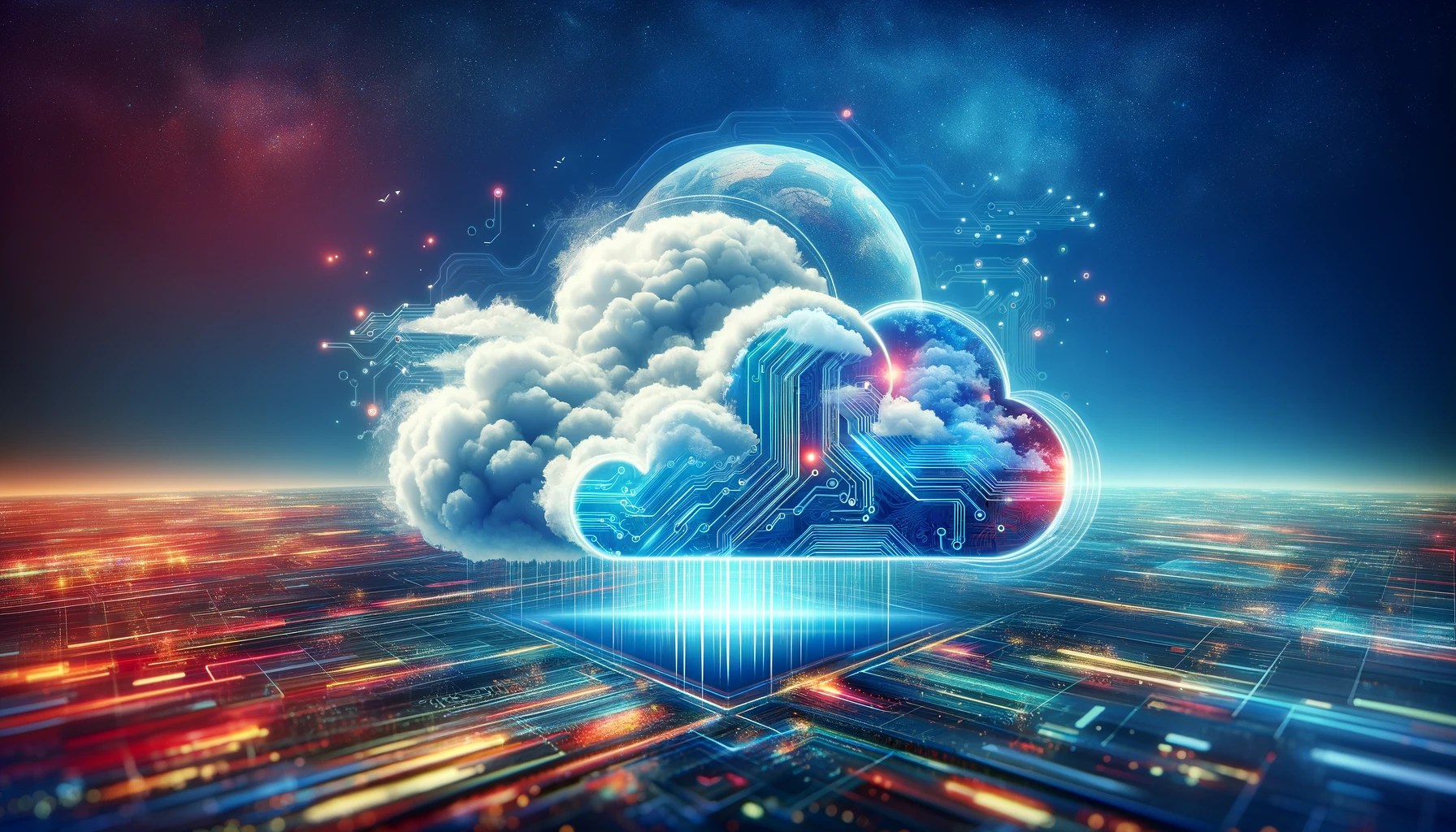 Dynamic cloud formation symbolizing Microsoft Azure, set against a digital landscape, representing the innovative shift to cloud computing.