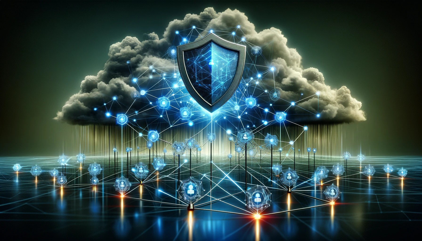 Interconnected network nodes with a protective shield against a backdrop of a clearing storm, symbolizing disaster recovery and business resilience.