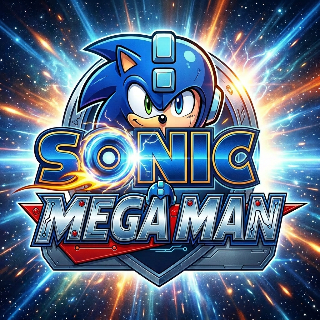 Logo featuring Sonic the Hedgehog's face with Mega Man's helmet integrated, with the text Sonic Mega Man Fused Frontiers