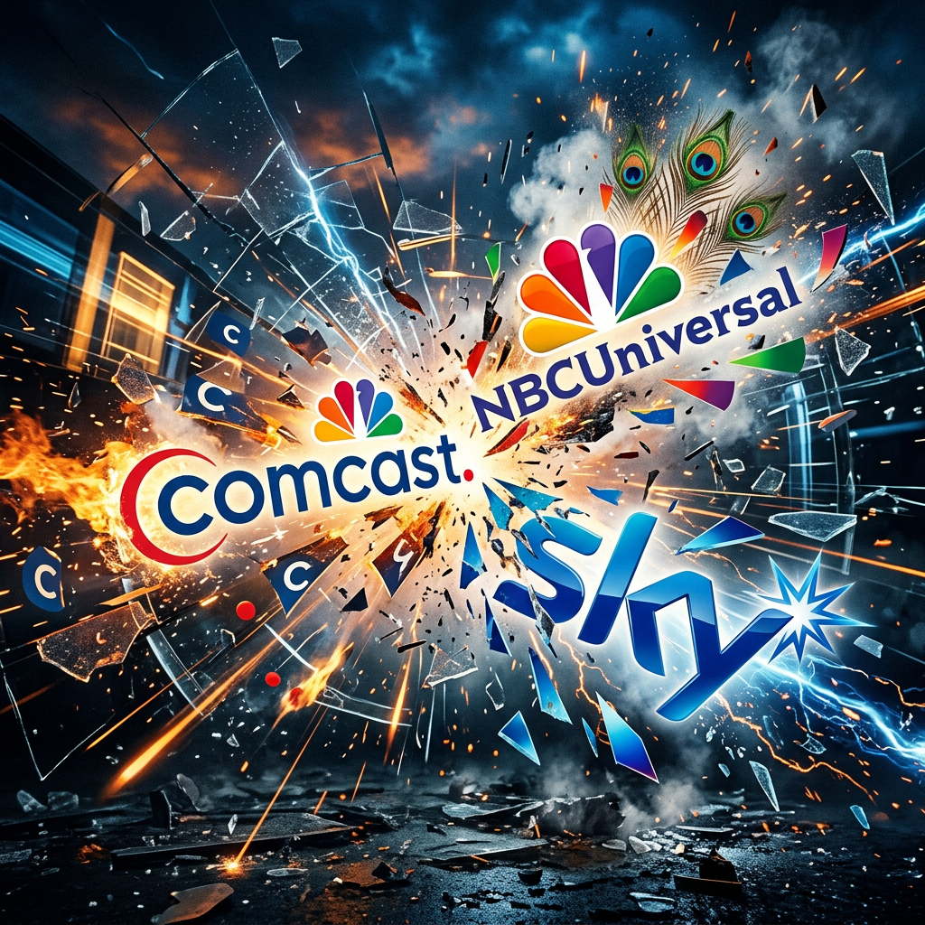 Comcast, NBCUniversal, and Sky logos splitting apart