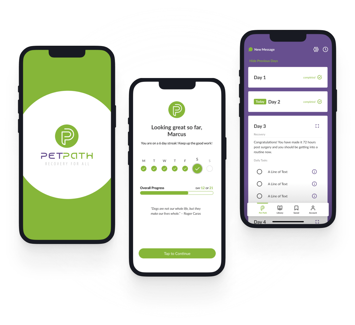 Multiple Pet Path screens to show different designs present within the app.